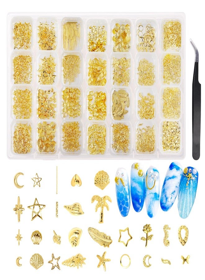 SILPECWEE 28 Grids Metal Gold Nail Art Studs, 3d Nail Charms Star and Moon, Conch, Seahorse, Seashell Ocean Manicure Design Alloy Nail Rivet Stud Jewelry Decoration Nails Supplies for Women DIY Salon - Image 1
